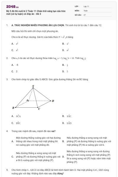 Bộ 5 đề thi cuối kì 2 Toán 11 Chân trời sáng tạo cấu trúc mới (có tự luận) có đáp án - Đề 3