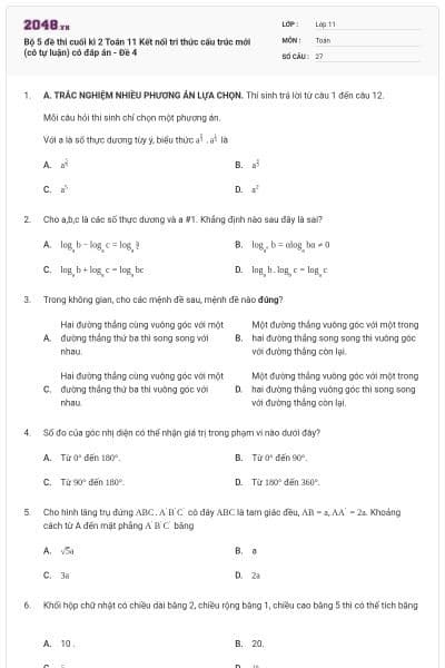 Bộ 5 đề thi cuối kì 2 Toán 11 Kết nối tri thức cấu trúc mới (có tự luận) có đáp án - Đề 4