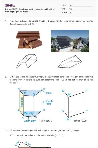 Bài tập Bài 37. Hình lăng trự đứng tam giác và hình lăng trụ đứng tứ giác có đáp án