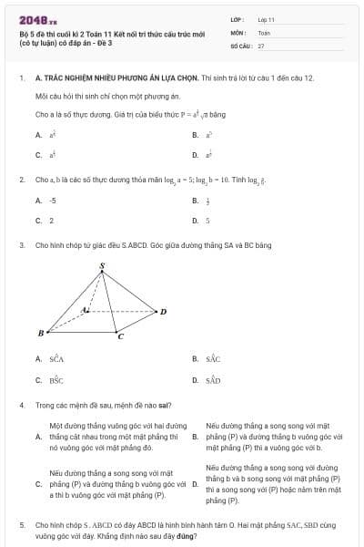 Bộ 5 đề thi cuối kì 2 Toán 11 Kết nối tri thức cấu trúc mới (có tự luận) có đáp án - Đề 3
