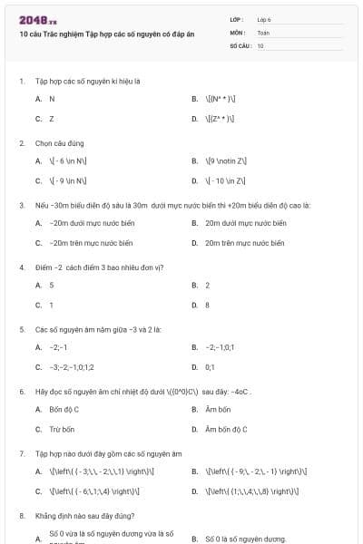 10 câu Trắc nghiệm Tập hợp các số nguyên có đáp án