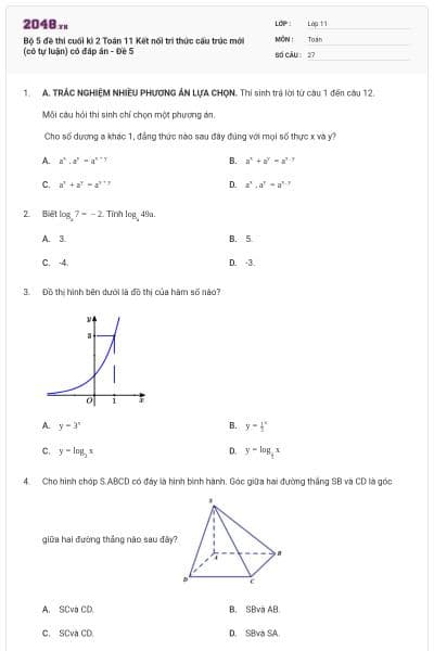 Bộ 5 đề thi cuối kì 2 Toán 11 Kết nối tri thức cấu trúc mới (có tự luận) có đáp án - Đề 5