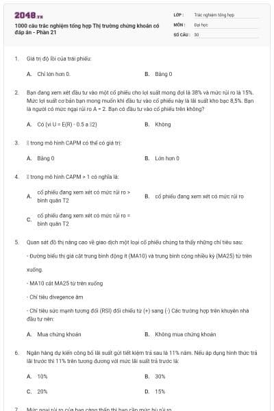 1000 câu trắc nghiệm tổng hợp Thị trường chứng khoán có đáp án - Phần 21