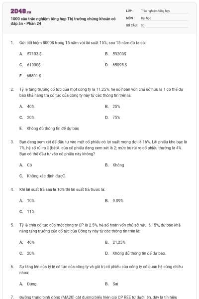 1000 câu trắc nghiệm tổng hợp Thị trường chứng khoán có đáp án - Phần 24