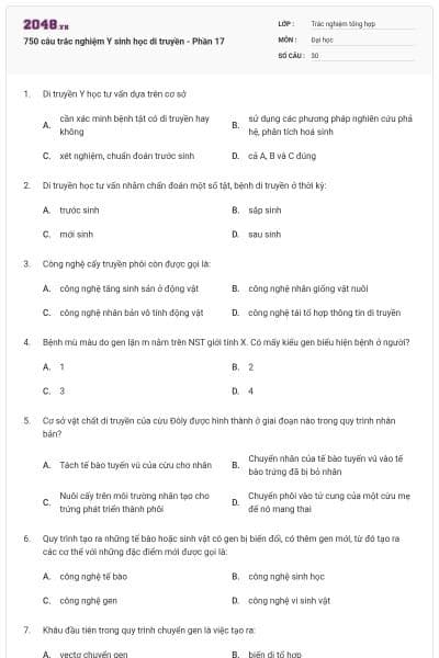 750 câu trắc nghiệm Y sinh học di truyền - Phần 17