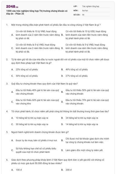 1000 câu trắc nghiệm tổng hợp Thị trường chứng khoán có đáp án - Phần 26