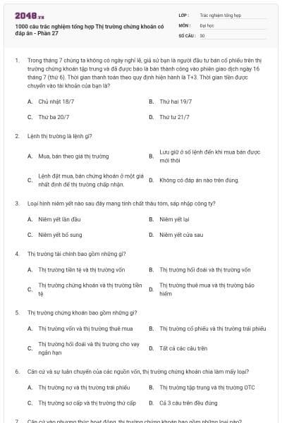 1000 câu trắc nghiệm tổng hợp Thị trường chứng khoán có đáp án - Phần 27