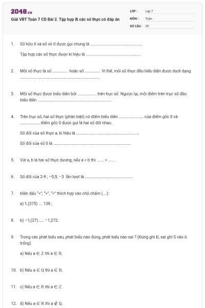 Giải VBT Toán 7 CD Bài 2. Tập hợp ℝ các số thực có đáp án