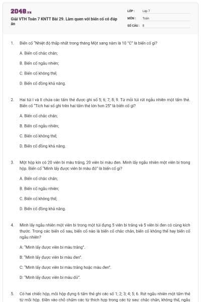 Giải VTH Toán 7 KNTT Bài 29. Làm quen với biến cố có đáp án