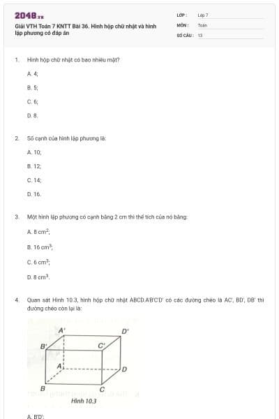 Giải VTH Toán 7 KNTT Bài 36. Hình hộp chữ nhật và hình lập phương có đáp án