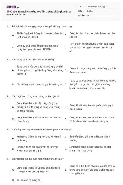 1000 câu trắc nghiệm tổng hợp Thị trường chứng khoán có đáp án - Phần 56