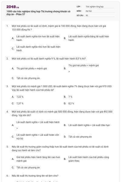 1000 câu trắc nghiệm tổng hợp Thị trường chứng khoán có đáp án - Phần 57