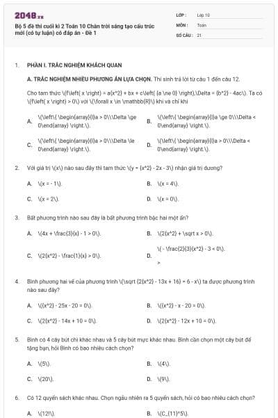 Bộ 5 đề thi cuối kì 2 Toán 10 Chân trời sáng tạo cấu trúc mới (có tự luận) có đáp án - Đề 1