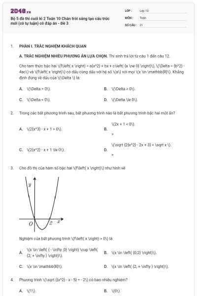 Bộ 5 đề thi cuối kì 2 Toán 10 Chân trời sáng tạo cấu trúc mới (có tự luận) có đáp án - Đề 3