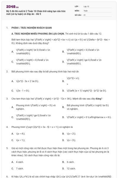 Bộ 5 đề thi cuối kì 2 Toán 10 Chân trời sáng tạo cấu trúc mới (có tự luận) có đáp án - Đề 5