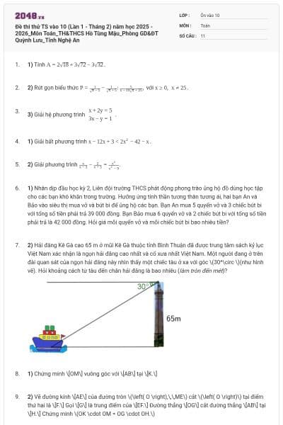 Đề thi thử TS vào 10 (Lần 1 - Tháng 2) năm học 2025 - 2026_Môn Toán_TH&THCS Hồ Tùng Mậu_Phòng GD&ĐT Quỳnh Lưu_Tỉnh Nghệ An