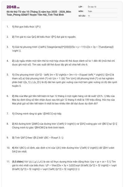 Đề thi thử TS vào 10 (Tháng 3) năm học 2025 - 2026_Môn Toán_Phòng GD&ĐT Huyện Tiền Hải_Tỉnh Thái Bình