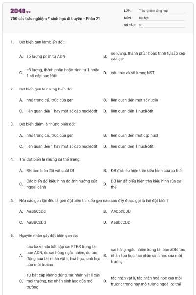 750 câu trắc nghiệm Y sinh học di truyền - Phần 21