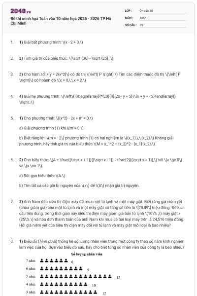 Đề thi minh họa Toán vào 10 năm học 2025 - 2026 TP Hồ Chí Minh