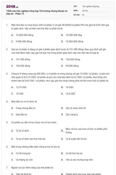 1000 câu trắc nghiệm tổng hợp Thị trường chứng khoán có đáp án - Phần 72