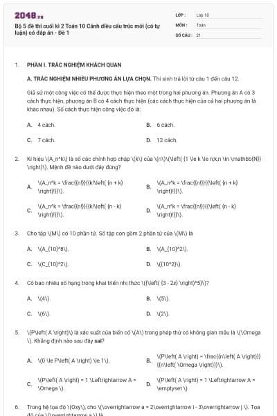 Bộ 5 đề thi cuối kì 2 Toán 10 Cánh diều cấu trúc mới (có tự luận) có đáp án - Đề 1