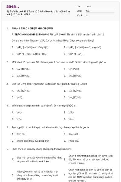 Bộ 5 đề thi cuối kì 2 Toán 10 Cánh diều cấu trúc mới (có tự luận) có đáp án - Đề 4