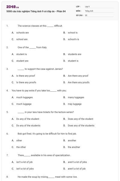 5000 câu trắc nghiệm Tiếng Anh 9 có đáp án - Phần 84