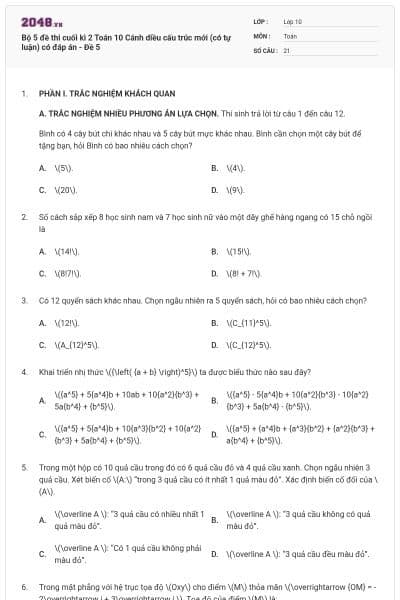 Bộ 5 đề thi cuối kì 2 Toán 10 Cánh diều cấu trúc mới (có tự luận) có đáp án - Đề 5