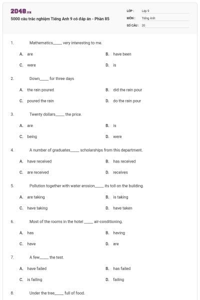 5000 câu trắc nghiệm Tiếng Anh 9 có đáp án - Phần 85