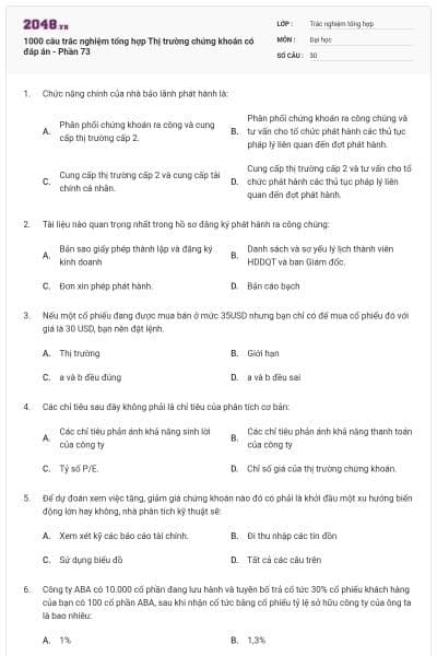 1000 câu trắc nghiệm tổng hợp Thị trường chứng khoán có đáp án - Phần 73