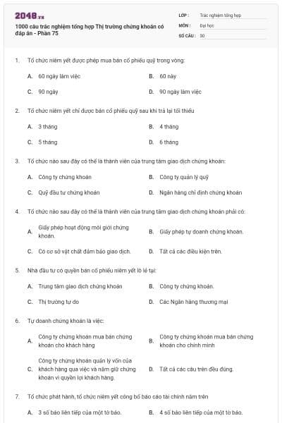 1000 câu trắc nghiệm tổng hợp Thị trường chứng khoán có đáp án - Phần 75