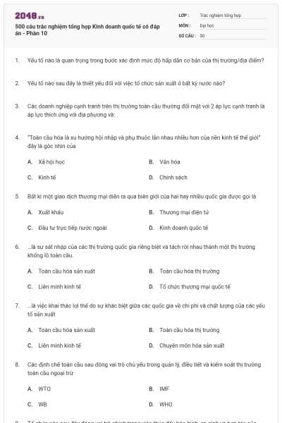 500 câu trắc nghiệm tổng hợp Kinh doanh quốc tế có đáp án - Phần 10