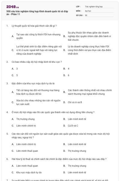 500 câu trắc nghiệm tổng hợp Kinh doanh quốc tế có đáp án - Phần 11