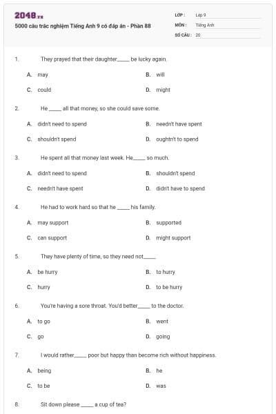 5000 câu trắc nghiệm Tiếng Anh 9 có đáp án - Phần 88