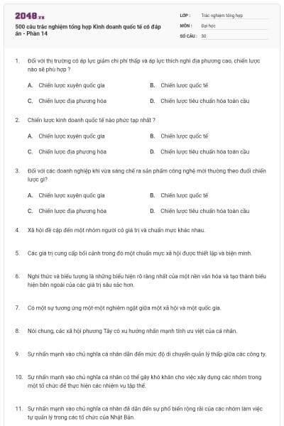 500 câu trắc nghiệm tổng hợp Kinh doanh quốc tế có đáp án - Phần 14