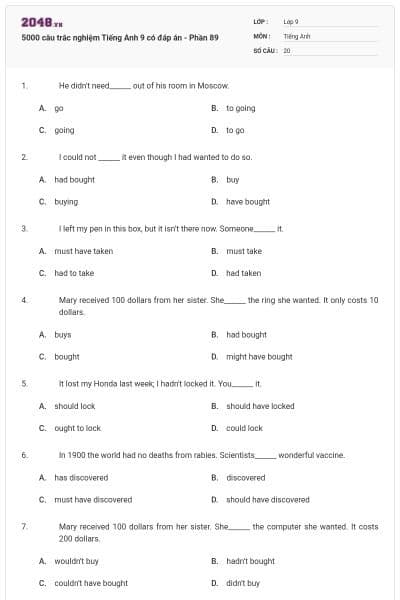 5000 câu trắc nghiệm Tiếng Anh 9 có đáp án - Phần 89