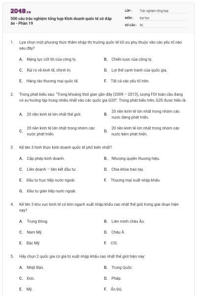 500 câu trắc nghiệm tổng hợp Kinh doanh quốc tế có đáp án - Phần 19