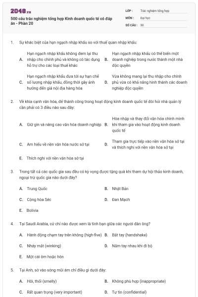 500 câu trắc nghiệm tổng hợp Kinh doanh quốc tế có đáp án - Phần 20