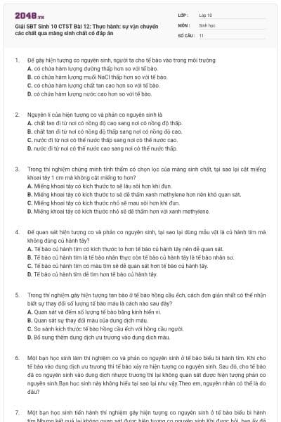 Giải SBT Sinh 10 CTST Bài 12: Thực hành: sự vận chuyển các chất qua màng sinh chất có đáp án