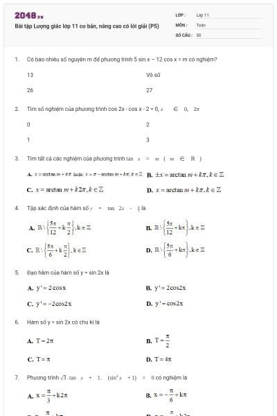 Bài tập Lượng giác lớp 11 cơ bản, nâng cao có lời giải (P5)