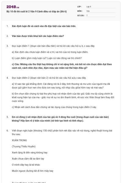 Bộ 10 đề thi cuối kì 2 Văn 9 Cánh diều có đáp án (Đề 6)