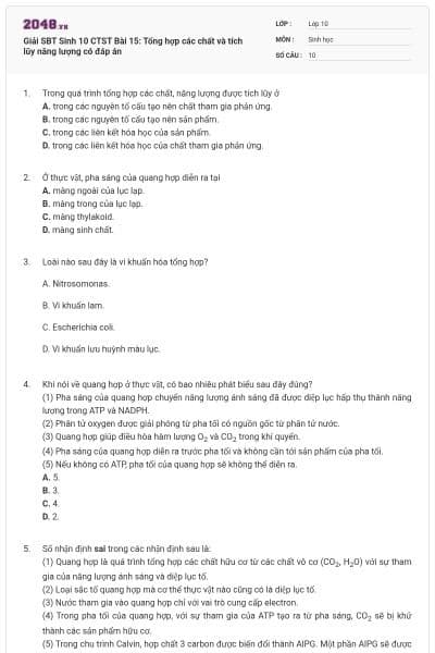 Giải SBT Sinh 10 CTST Bài 15: Tổng hợp các chất và tích lũy năng lượng có đáp án