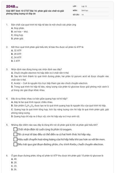 Giải SBT Sinh 10 CTST Bài 16: phân giải các chất và giải phóng năng lượng có đáp án