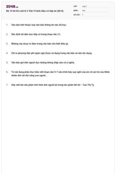 Bộ 10 đề thi cuối kì 2 Văn 9 Cánh diều có đáp án (Đề 8)