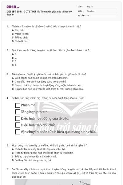 Giải SBT Sinh 10 CTST Bài 17: Thông tin giữa các tế bào có đáp án