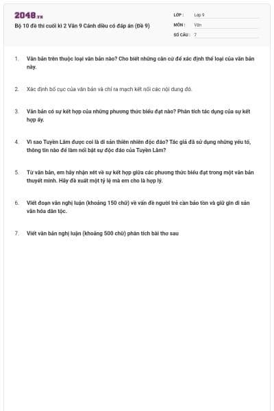 Bộ 10 đề thi cuối kì 2 Văn 9 Cánh diều có đáp án (Đề 9)