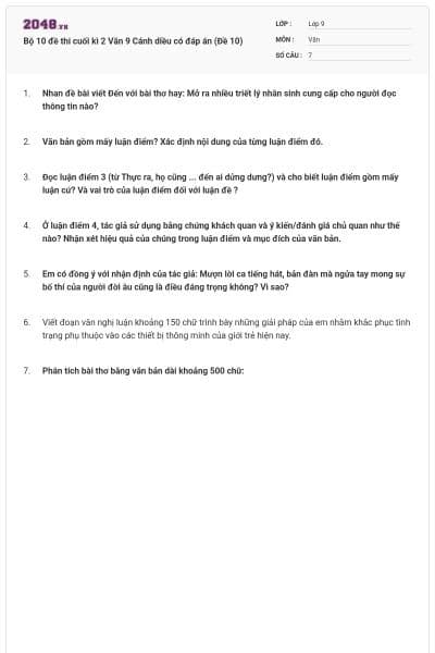 Bộ 10 đề thi cuối kì 2 Văn 9 Cánh diều có đáp án (Đề 10)