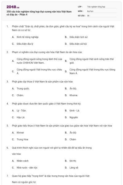 350 câu trắc nghiệm tổng hợp Đại cương văn hóa Việt Nam có đáp án - Phần 4