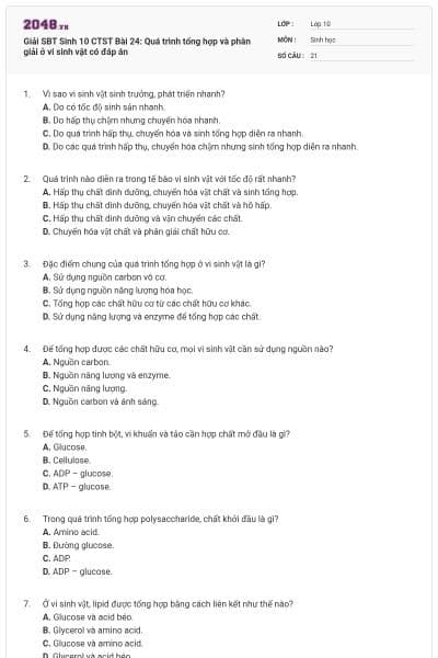 Giải SBT Sinh 10 CTST Bài 24: Quá trình tổng hợp và phân giải ở vi sinh vật có đáp án