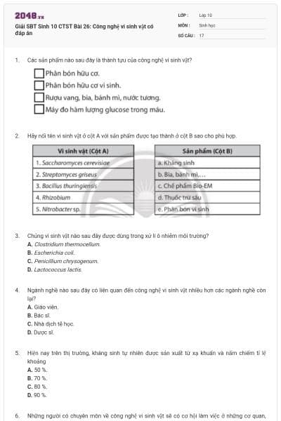 Giải SBT Sinh 10 CTST Bài 26: Công nghệ vi sinh vật có đáp án